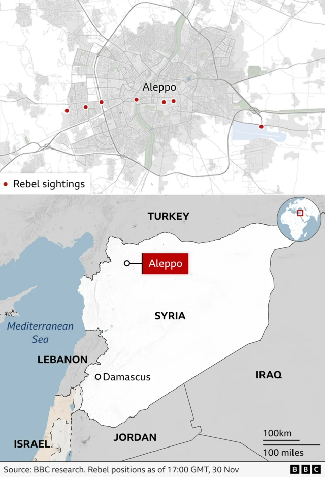 The position of Rebels in Aleppo is shown on this map, with known positions marked in red.